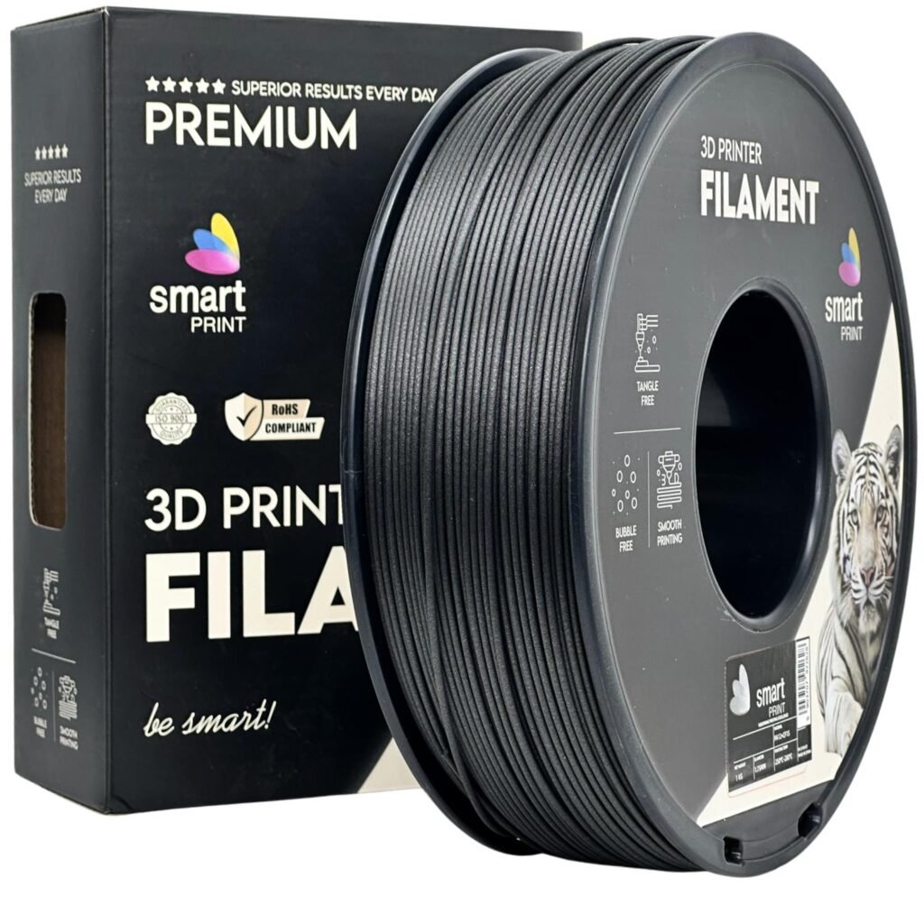 Black 3D printer filament spool beside a dark Premium packaging box labeled Smart Print