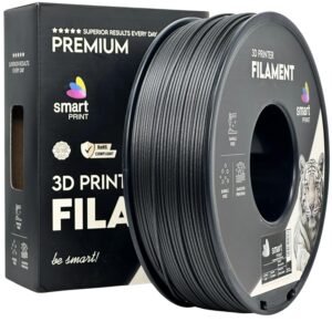 Black 3D printer filament spool beside a dark Premium packaging box labeled Smart Print
